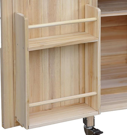 LUMISOL Outdoor Grill Cart with Stainless Steel Top, Farmhouse Solid Wood Kitchen Island with Storage Rack, Outdoor Rolling Bar Cart & Storage Cabinet with Spice & Towel Rack, Natural