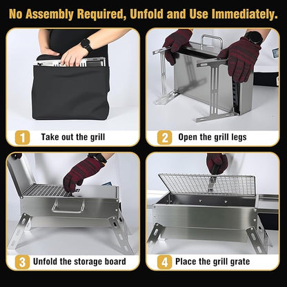 Portable Tabletop Charcoal Grill, Foldable Stainless Steel Mini BBQ Grill with Carry Bag, Lightweight Small Camping Picnic Travel Tailgating Patio Grill