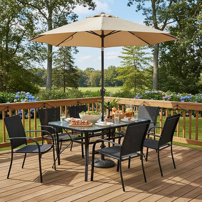 Tangkula 55" Patio Dining Table for 6, Rectangle Outdoor Dining Table with Tempered Glass Tabletop, Umbrella Hole & Metal Frame, 6-Person Outside Dining Table for Backyard, Lawn, Deck & Poolside