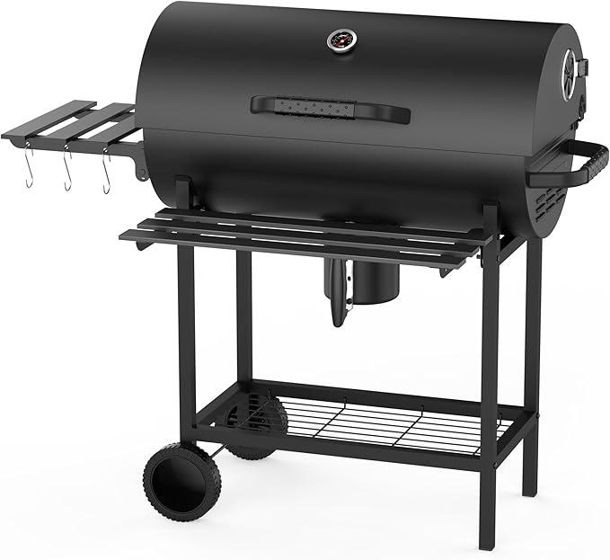 29" Barrel Charcoal Grill, Spacious Smoker Barrel Barbecue Grill with Side Front Table, Outdoor Barbecue Grills for Backyard, Camping, and Picnics, Black