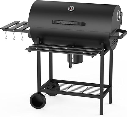29" Barrel Charcoal Grill, Spacious Smoker Barrel Barbecue Grill with Side Front Table, Outdoor Barbecue Grills for Backyard, Camping, and Picnics, Black