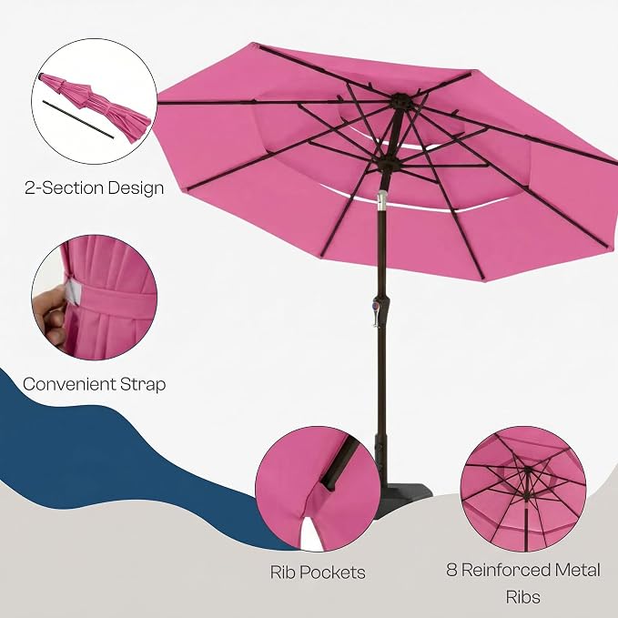 10ft 3 Tier Patio Umbrella, Outdoor Market Table Umbrella with UPF 50+ Vented Canopy, 8 Sturdy Ribs, Easy Push Button Tilt and Crank, Windproof for Deck, Pool, Backyard and Garden