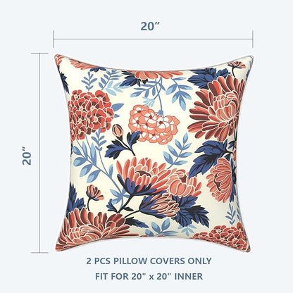 LVTXIII Outdoor/Indoor Pillow Covers, Patio Fade Resistant Throw Pillow Covers ONLY, Waterproof Farmhouse Accent Cushion Cases for Sofa Patio Couch Decoration 20"x20" Set of 2, Red Chrysanthemum