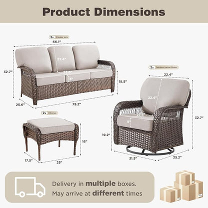 Belord Luxury Patio Furniture Set with 5-inch Thick Cushion, Outdoor 3-seat Sofa and High Back Swivel Rocker Patio Chairs and Ottoman, 6PCS Wicker Conversation Set for Deck Yard and Poolside,Beige