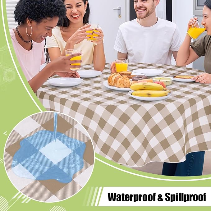 Smiry Oval Table Cloth, Vinyl Tablecloths with Flannel Backing, 60"x102" | Waterproof Picnic Table Cloth, Wipeable Buffalo Plaid Table Cover for Indoor and Outdoor (Khaki & White)