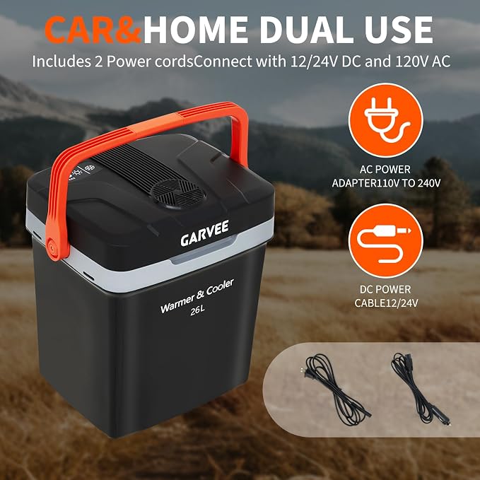 Garvee 26 L Electric Cooler & Warmer, Portable Car Refrigerator with Auto-Lock Handle, 12V DC for Cars & Trucks, Equipped with 110V AC Household Power Cord, Plug-in Cooling Fridge, Black&Orange