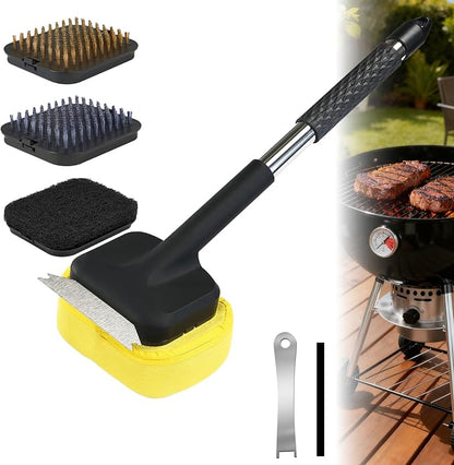 5Pcs Grill Brush for Outdoor Grill, w/Bristle Free BBQ Scraper | Grill Brush Set with Steam/Steel/Plastic/Scour Heads & 20.47" Handle, Safe for Cast Iron, Stainless Steel, Porcelain Grates