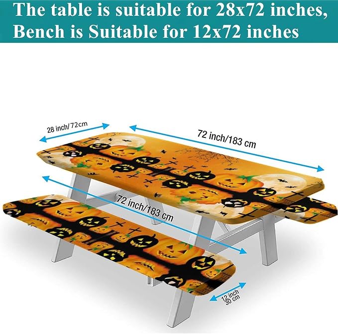 Halloween Fitted Tablecloth, Orange Spooky Jack 'o' Lantern and Full Moon Print Picnic Tablecloth and Bench Seats Table Cover, 3 PCS, for Picnic Party Outdoor Patio Use, 28x72 Inch