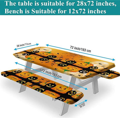 Halloween Fitted Tablecloth, Orange Spooky Jack 'o' Lantern and Full Moon Print Picnic Tablecloth and Bench Seats Table Cover, 3 PCS, for Picnic Party Outdoor Patio Use, 28x72 Inch