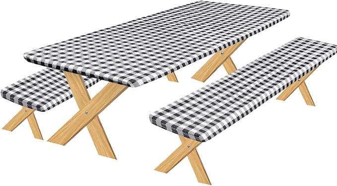 OutdoorLines Vinyl Fitted Picnic Table Cover with Bench Covers | Elastic Waterproof Camping Tablecloth for Picnic Table (Checkered Black, 72x30 Inch, 3 Pcs)