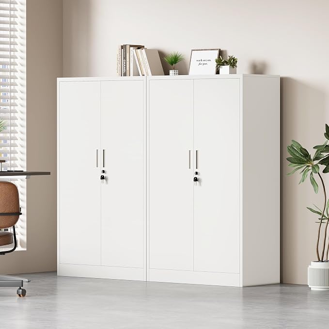 Metal Storage Cabinet with Locking Doors and 3 Adjustable Shelves, Lockable Storage Cabinets for Home Office Garage Kitchen Pantry (White)