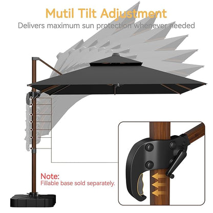 10x13 FT Wood Pattern Patio Umbrella, Large Deluxe Cantilever Rectangular Double Top Heavy Duty Offset Umbrellas with 360° Rotation, Outdoor shade for Garden Deck Pool Patio, Grey