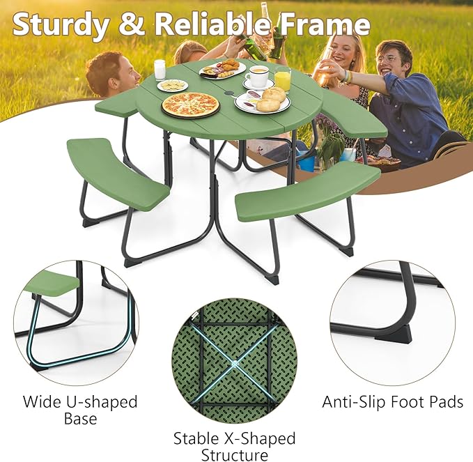 COSTWAY Round Picnic Table with Umbrella Hole, Outdoor Picnic Table with Bench Set for 4-8 People, HDPE Tabletop, Patio Dining Furniture Set for Family Gatherings, BBQ Party, Backyard (Green)