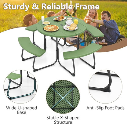 COSTWAY Round Picnic Table with Umbrella Hole, Outdoor Picnic Table with Bench Set for 4-8 People, HDPE Tabletop, Patio Dining Furniture Set for Family Gatherings, BBQ Party, Backyard (Green)