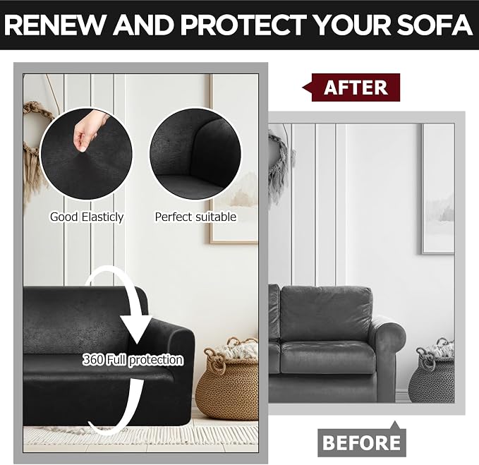 Peryiter 2 Pcs Couch and Loveseat Sofa Covers,Black Brown,Tech | Armchair Covers for Living Room, Sofa Cushion Slipcover 2/3 Seater, Furniture Protector, Polyester and Spandex, Washable