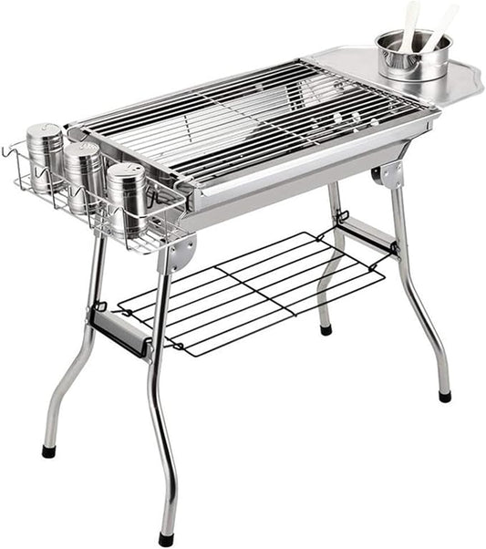 Grill for Outdoor Outdoor Stainless Steel Portable Travel Folding Barbecue BBQ Charcoal Grill with Legs for Camping, Picnic, Outdoor，Silver Chrome Barbecue Grill