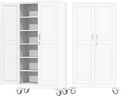 73.6" Metal Garage Storage Cabinet with Wheels and Locking Doors and Tall Rolling Steel Tool Cabinet with 5 Adjustable Shelves for Garage,Home,Office,Shop (White, 73.6''H x 35.4''W x17.7''D)