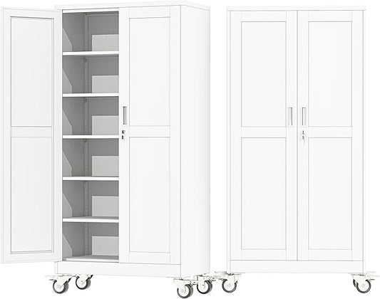 73.6" Metal Garage Storage Cabinet with Wheels and Locking Doors and Tall Rolling Steel Tool Cabinet with 5 Adjustable Shelves for Garage,Home,Office,Shop (White, 73.6''H x 35.4''W x17.7''D)