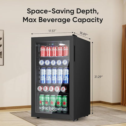 120 Can Beverage Refrigerator, Freestanding Beverage Cooler with Digital Temperature Display, Mini Drink Beer Soda Fridge for Office or Bar, White Indicator Light & Reversible Door - Black
