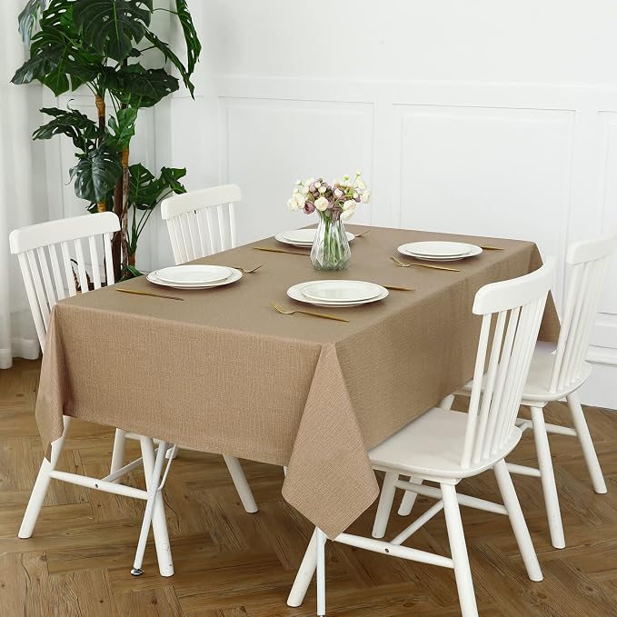Romanstile 100% Waterproof PVC Tablecloth, Rectangle Oil Spill Proof Stain Resistant Vinyl Table Cloth, Wipe Clean Plastic Table Covers for Kitchen/Dining/Parties - 54 x 120 Inch, Caramel