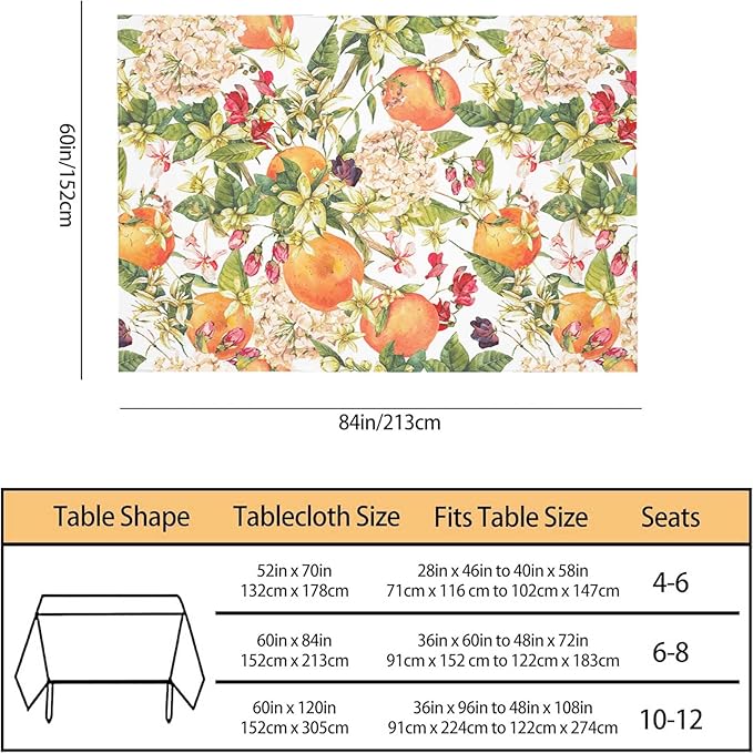 TKS MITLAN Tablecloth Orange Tree Table Cloth Rectangle Table 60 x 84 Inch Watercolor Flower Bloom Leaves Fresh Fruit Harvest Lively Bright Summer Kitchen Decorations for Home Dinner Party