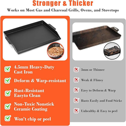 Cast Iron Griddle for Gas Grill and Stove Top, 23" x 16" Universal Flat Top Plate, X-Shaped Reinforced Ridges, Nonstick Coating Large BBQ Flat Top Plate for Camping, Parties