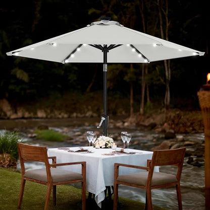 MASTERCANOPY 7.5FT 6Ribs Patio Umbrella with 32 Solar LED Lights, Outdoor Market Umbrella with Tilt & Crank, UV Protection & Fade Resistant Fabric, Easy Set-Up for Garden, Deck, Pool (Light Gray)