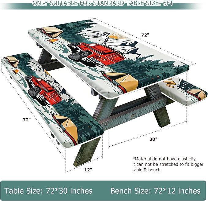 3 Piece Picnic Table Cover with Bench Covers fit Outdoor & Camping, 6ft | 30 x 72 Inches Table Cloths Waterproof Windproof with Elastic Edges & Drawstring Bag, for Rectangle Tables and Seat Covers