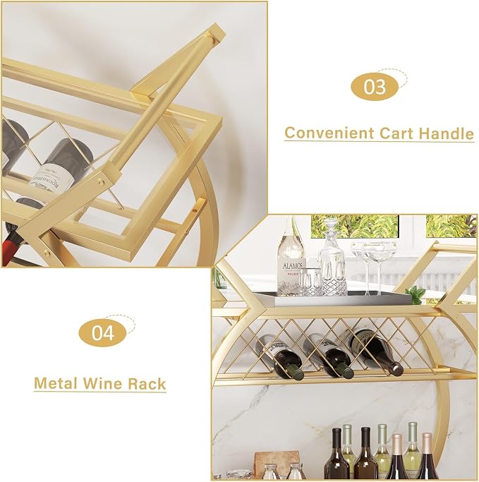 LVB Gold Bar Cart with Glass, Bar Cart with Wheels, Wine Cart with Storage | 2 Tier Glass Shelves Home Bar Serving Cart with Wine Rack, Liquor Cart for Kitchen, Bar, Dinning Room