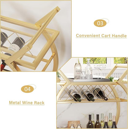 LVB Gold Bar Cart with Glass, Bar Cart with Wheels, Wine Cart with Storage | 2 Tier Glass Shelves Home Bar Serving Cart with Wine Rack, Liquor Cart for Kitchen, Bar, Dinning Room
