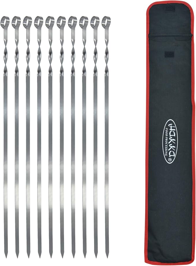 Hakka Stainless Steel Barbecue Skewers, 23.6" Shish Kabob Skewers Heavy Duty Metal Skewers for Grilling Large Wide Reusable Kabob Sticks with NonSlip Ring Handle,Set of 10