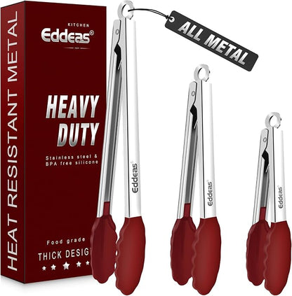 Tongs For Cooking - Silicone Metal Kitchen Tong 7" 9" & 12" Red | 600°F Heat Resistant Silicone Tong, All Metal handle Locking Tongs with Silicone Tips, Heavy Duty Stainless steel