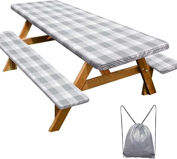 Picnic Table Cover Bench Covers Camping Essentials Tablecloth | Waterproof Vinyl for Outdoor, Windproof Elastic Fitted Edges, RV BBQ Accessories Must Haves, Storage Bag Included