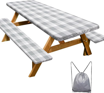 Picnic Table Cover Bench Covers Camping Essentials Tablecloth | Waterproof Vinyl for Outdoor, Windproof Elastic Fitted Edges, RV BBQ Accessories Must Haves, Storage Bag Included