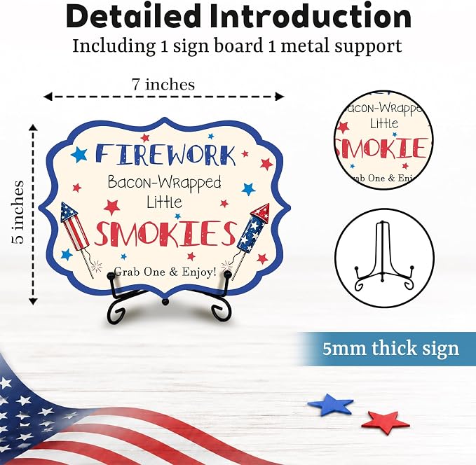 Independence Day Wooden Hot Dog Sign with Metal Stand, Patriotic 5 x 7 Inch Buffet Table Decor for BBQ Party, Restaurant, Food Truck, Table top Food Display - A07