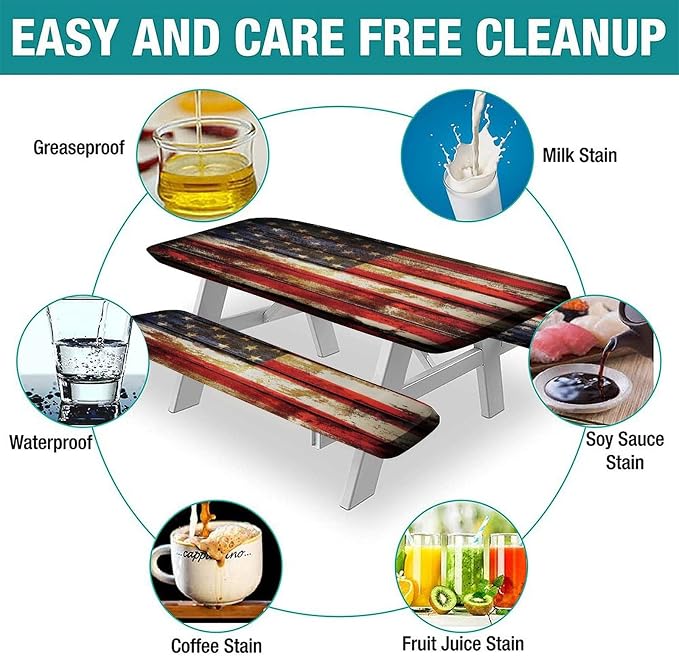 American Flag Picnic Table Fitted Tablecloth Cover, Symbolism over Old Rusty Tones Weathered Vintage Social Plank Artwork Table Cloth, 28x72 In, 3 Piece Set, for Outdoor, Camping, Picnics Parties Use
