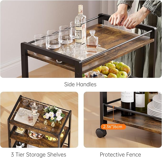HITNET Bar Cart for the Home, Home Bar Serving Cart with Wheels and Storage Shelves, 3 Tier Rolling Liquor Beverage Cart for Kitchen Dining Living Room, Rustic Brown and Black