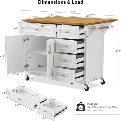 Ball & Cast Kitchen Island with Drop Leaf,Embossed Texture Kitchen Island On Wheels with Spice & Towel Rack,2 Doors and 5 Drawers,Kitchen Storage Cart W/Adjustable Shelf for Kitchen,White,52"