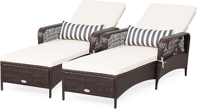 COSTWAY PE Rattan Chaise Lounge Chair, 6 Gear Adjustable Recliner with Armrest & Pillow, Wicker Outdoor Furniture for Deck, Patio (2, Brown)