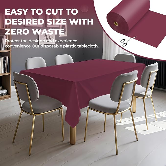 54 Inch X 600 Feet Plastic Table Cover Roll Premium Disposable Plastic Tablecloth for All Type/Shape Tables | Picnic, Party, Banquet, Birthdays, Weddings (Burgundy, 54 Inch X 600 Feet)