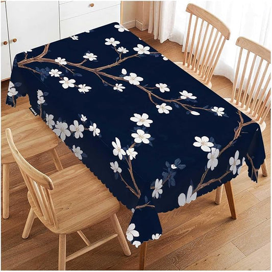 Swono Cherry Blossoms Table Covers 52x70 Inch Branch White Flower Cherry Navy Blue Wipeable Tablecloth Kitchen Dinning Tabletop Decoration, Table Cloth for Outdoor and Indoor Use