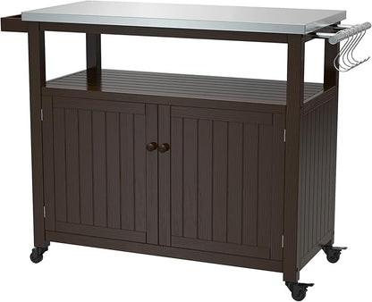 GDLF Outdoor Storage Cabinet Solid Wood Prep Grill Table with Stainless Steel Top Waterproof Cover Dark Brown