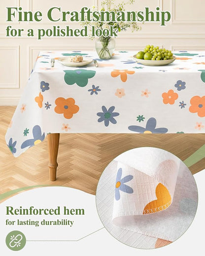 Seenus Waterproof Floral Vinyl Rectangle Tablecloth with Flannel Backing | 54x72 Inch Wipeable Flower Table Cloth Rectangular for Summer Indoor Outdoor Picnic Birthday Party, Cute Plastic Tablecover