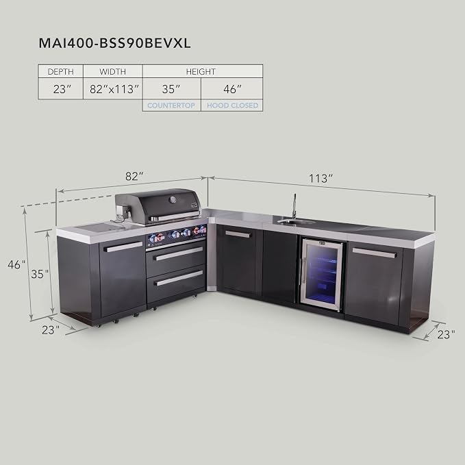 Mont Alpi 82"W x 113"D L-shaped Black Stainless Steel Outdoor Kitchen Island with Fridge + Faucet & Sink + 32"W 4-Burner BBQ Grill + Granite Countertops + Storage + Chopping Board + Rotisserie + Cover