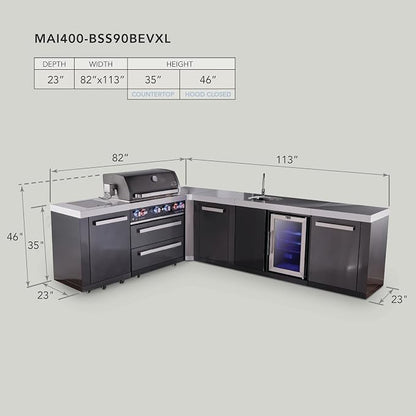 Mont Alpi 82"W x 113"D L-shaped Black Stainless Steel Outdoor Kitchen Island with Fridge + Faucet & Sink + 32"W 4-Burner BBQ Grill + Granite Countertops + Storage + Chopping Board + Rotisserie + Cover