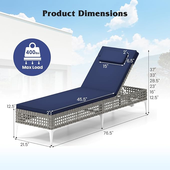 Tangkula Patio Chaise Lounge Chair, PE Wicker Reclining Sun Lounger with 6-Level Adjustable Backrest, Removable Cushion & Headrest, Outdoor Lounge Chair for Poolside, Deck, Backyard (1, Navy)