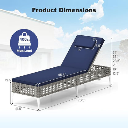 Tangkula Patio Chaise Lounge Chair, PE Wicker Reclining Sun Lounger with 6-Level Adjustable Backrest, Removable Cushion & Headrest, Outdoor Lounge Chair for Poolside, Deck, Backyard (1, Navy)