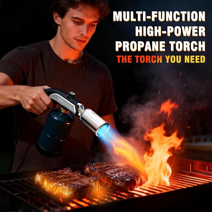Powerful Grill & Cooking Propane Torch With a Safety Lock, Sous Vide, Welding Torch, Adjustable Wood Torch Burner for Searing Steak, BBQ, Campfire Starter,Black & Silve(Tank Not Included)