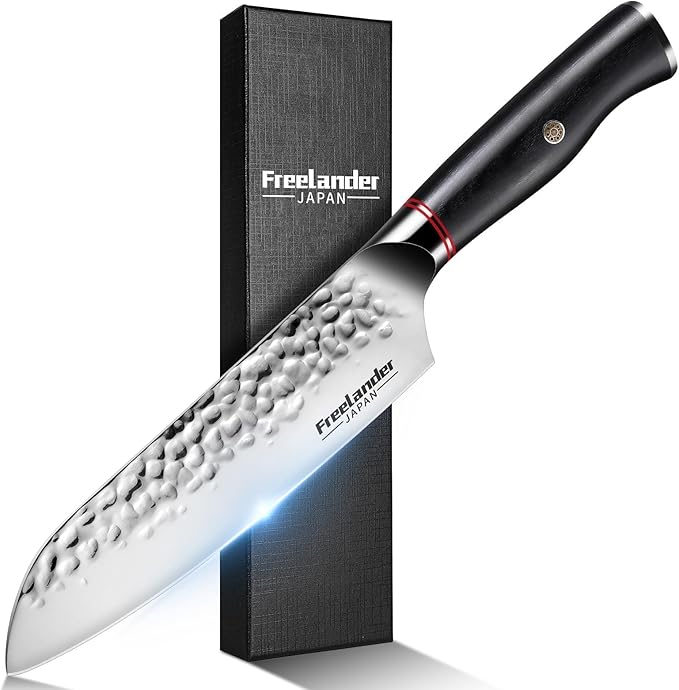 Freelander 7 Inch Chef Knife,Sharp Japanese Santoku Knife, High Carbon Stainless Steel Kitchen Knife, Professional Cooking Knife for Home and Kitchen with Ergonomic Handle