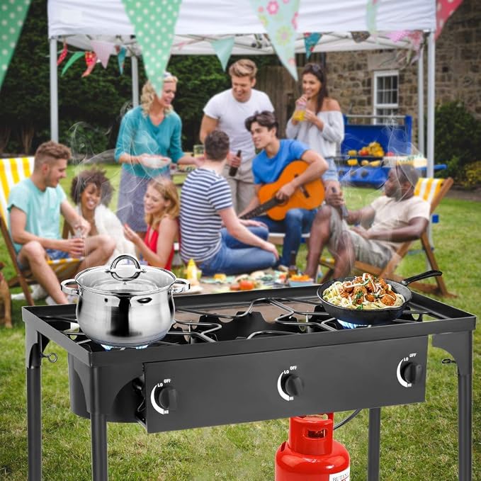 FANTASK 3-Burner Outdoor Camping Stove, Portable High Pressure Propane Gas Cooker Burner w/Detachable Legs for Patio Camp Cooking